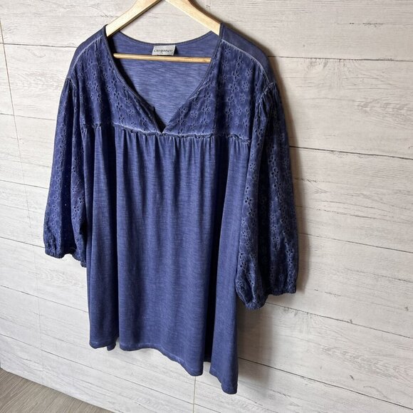Catherines Top Womens Size 4XL Blue Eyelet Balloon Sleeve V Neck Blouse Peasant - Picture 4 of 13